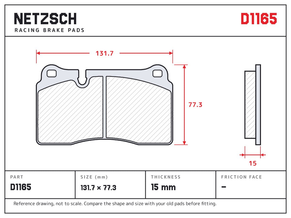 NETZSCH D1165 brake pad drawing, 15 mm thick
