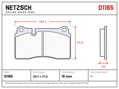 NETZSCH D1165 brake pad drawing, 15 mm thick