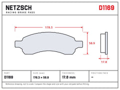 NETZSCH D1169 brake pad drawing, 17.8 mm thick