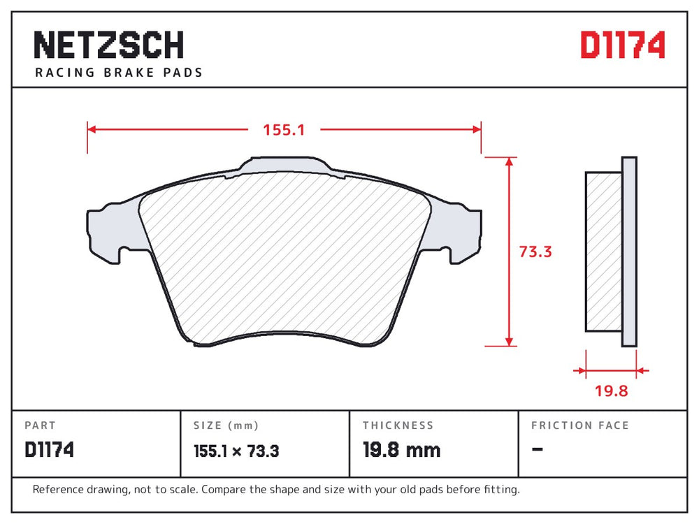 NETZSCH D1174 brake pad drawing, 19.8 mm thick