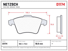 NETZSCH D1174 brake pad drawing, 19.8 mm thick