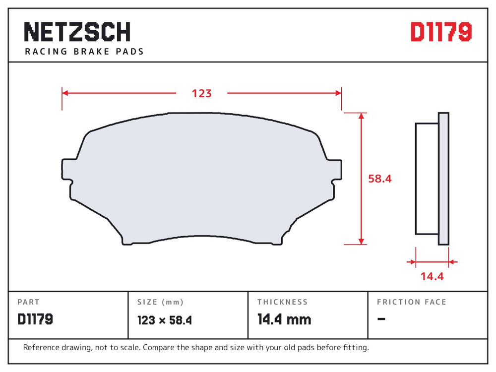 NETZSCH D1179 brake pad drawing, 14.4 mm thick