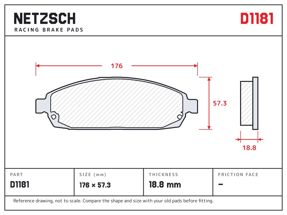 NETZSCH D1181 brake pad drawing, 18.8 mm thick