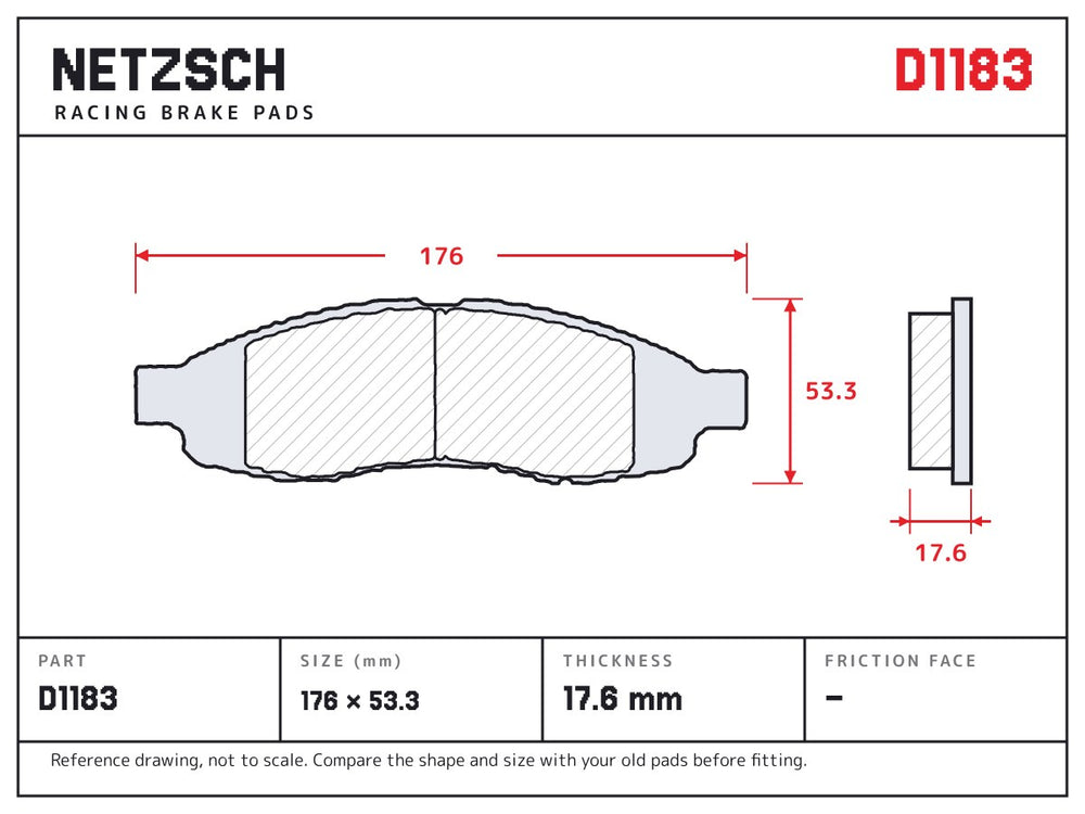 NETZSCH D1183 brake pad drawing, 17.6 mm thick