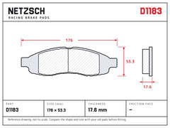 NETZSCH D1183 brake pad drawing, 17.6 mm thick