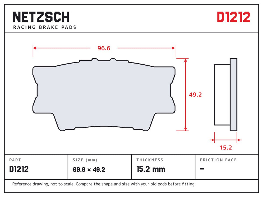 NETZSCH D1212 brake pad drawing, 15.2 mm thick