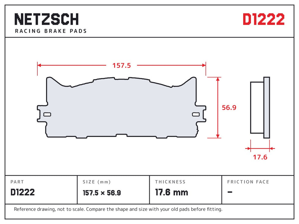 NETZSCH D1222 brake pad drawing, 17.6 mm thick