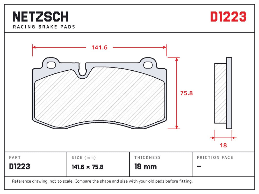 NETZSCH D1223 brake pad drawing, 18 mm thick