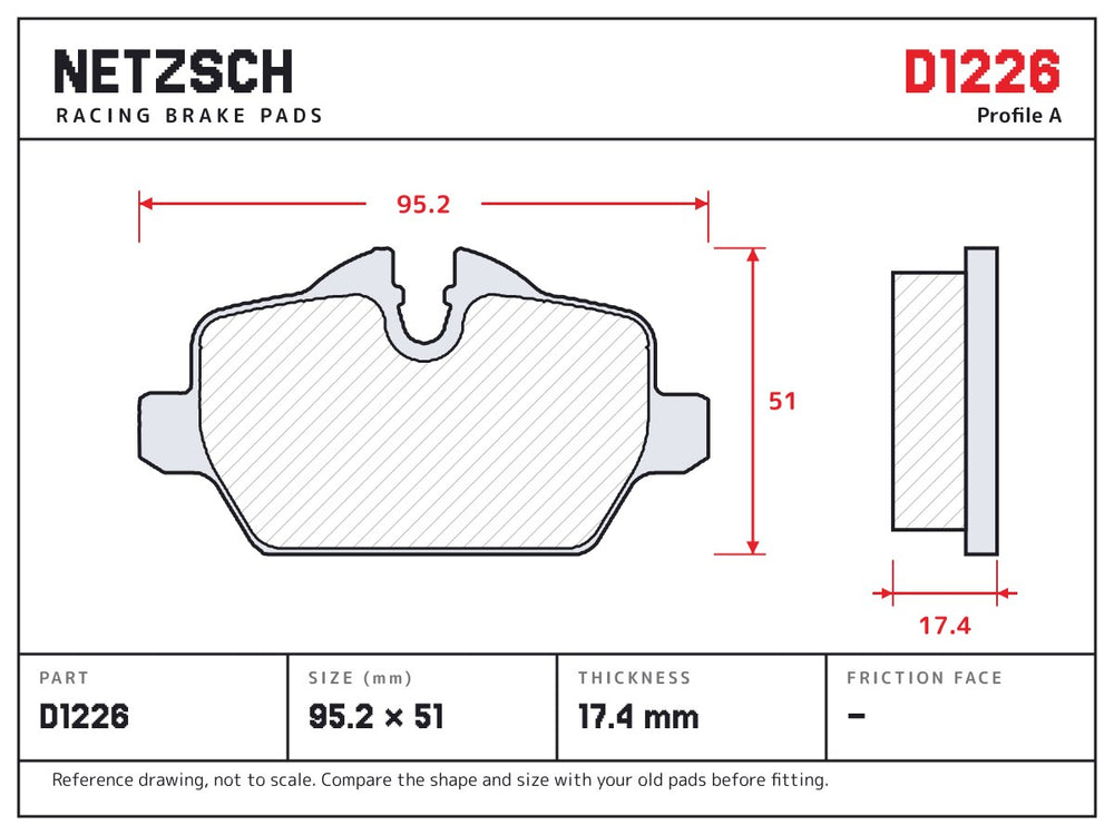 NETZSCH D1226 brake pad drawing, 17.4 mm thick