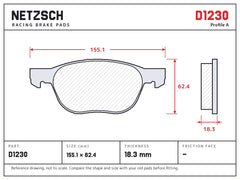 NETZSCH D1230 brake pad drawing, 18.3 mm thick