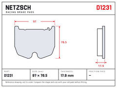 NETZSCH D1231 brake pad drawing, 17.9 mm thick