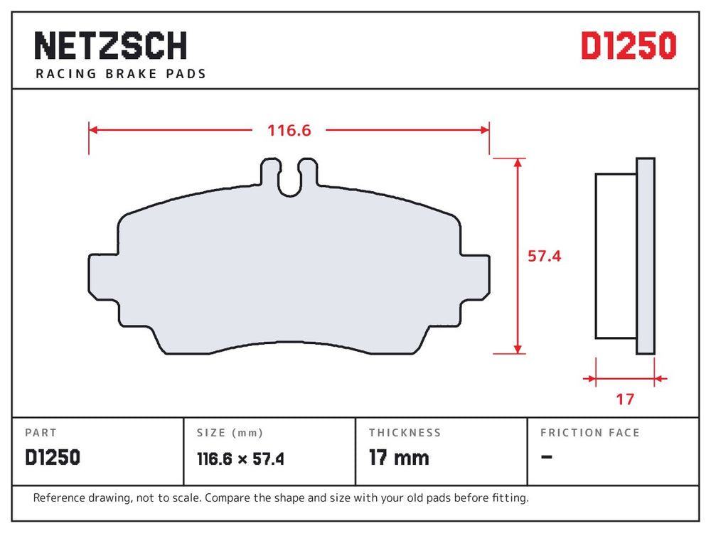 NETZSCH D1250 brake pad drawing, 17 mm thick