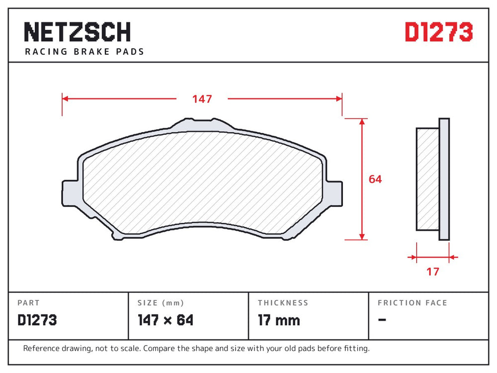 NETZSCH D1273 brake pad drawing, 17 mm thick