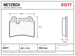NETZSCH D1277 brake pad drawing, 16.8 mm thick