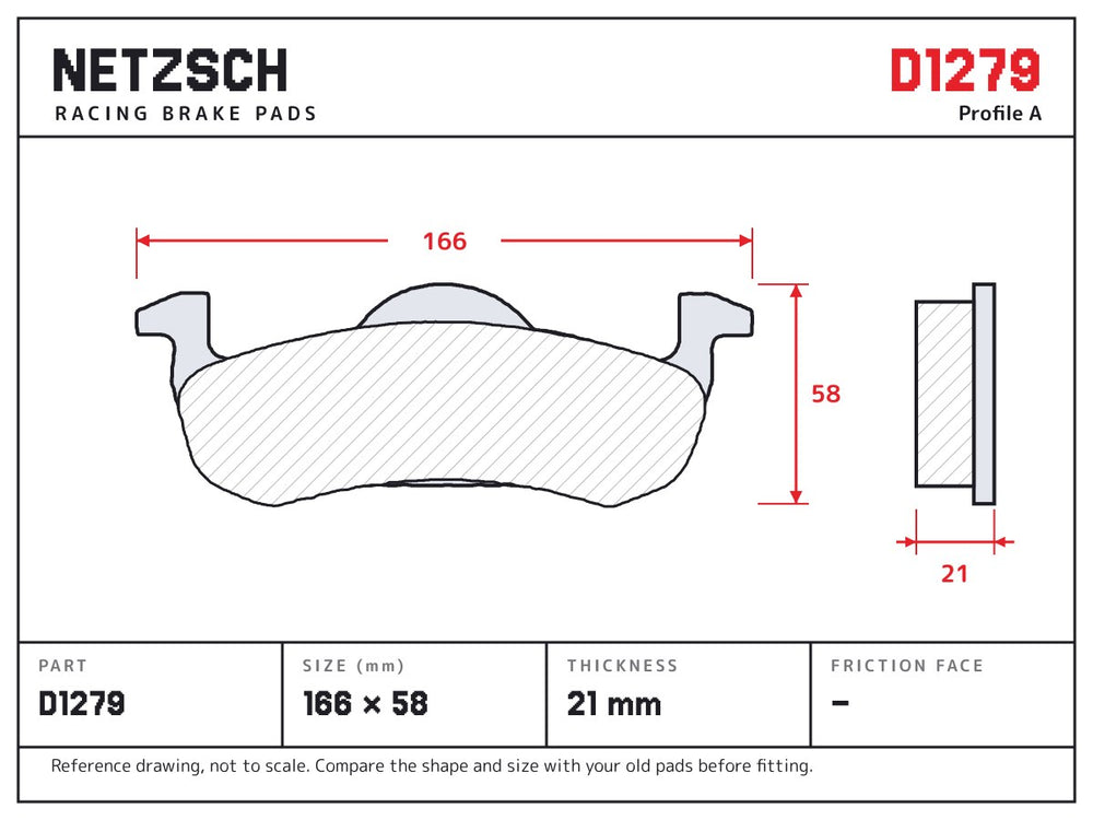 NETZSCH D1279 brake pad drawing, 21 mm thick