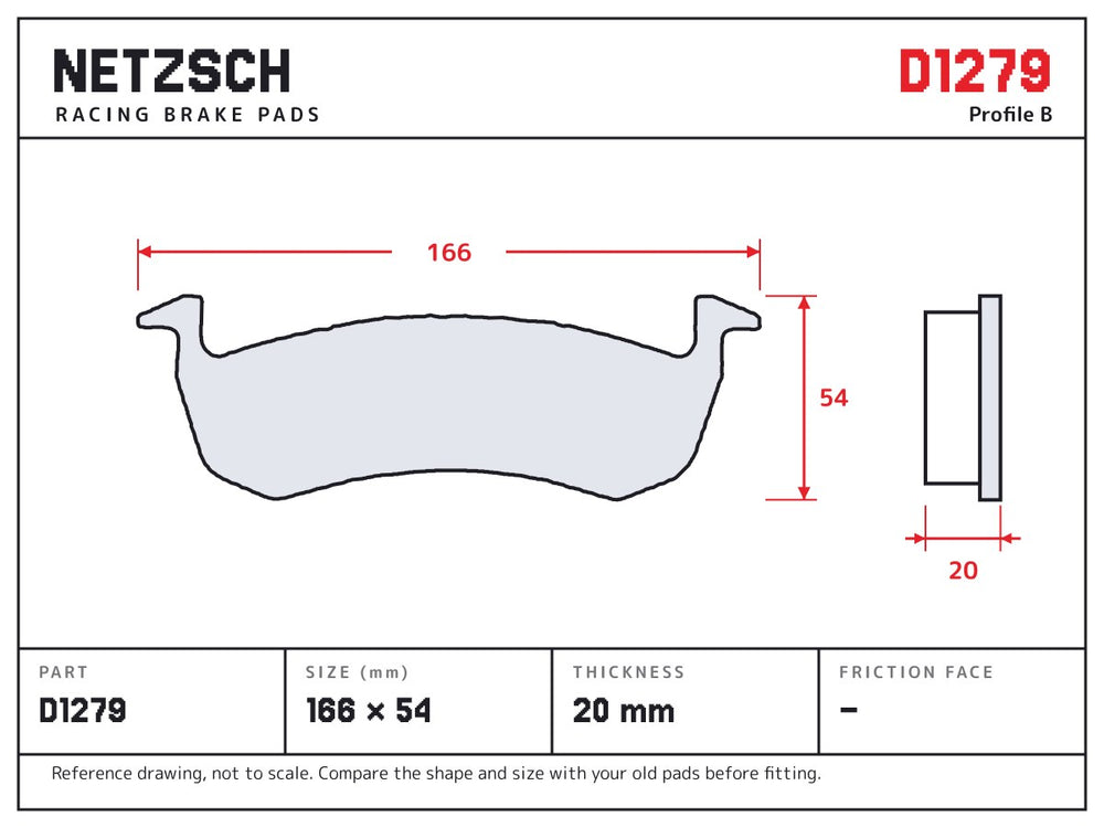 NETZSCH D1279 brake pad drawing, 20 mm thick