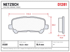 NETZSCH D1281 brake pad drawing, 15.4 mm thick
