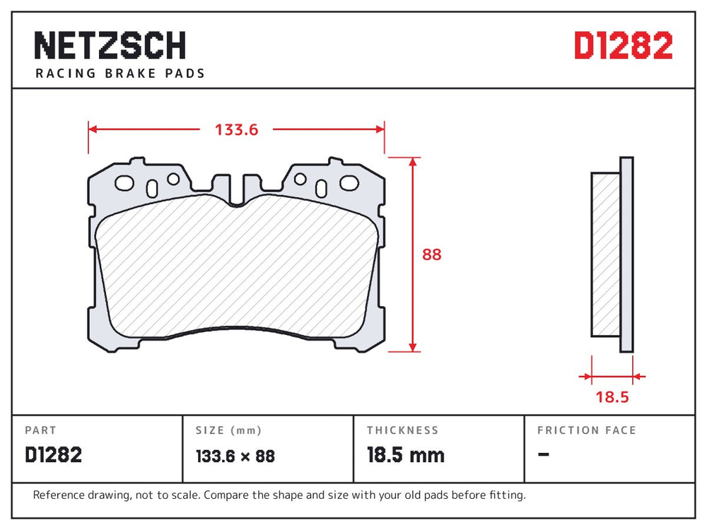 NETZSCH D1282 brake pad drawing, 18.5 mm thick