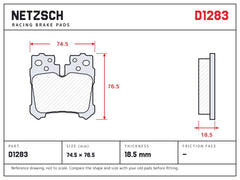 NETZSCH D1283 brake pad drawing, 18.5 mm thick