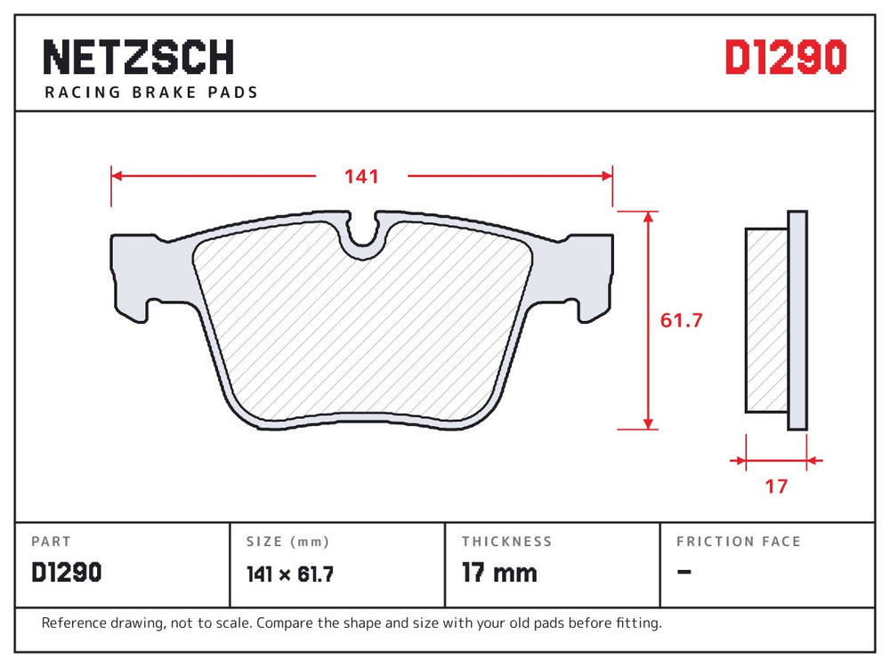 NETZSCH D1290 brake pad drawing, 17 mm thick