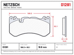 NETZSCH D1291 brake pad drawing, 16.6 mm thick
