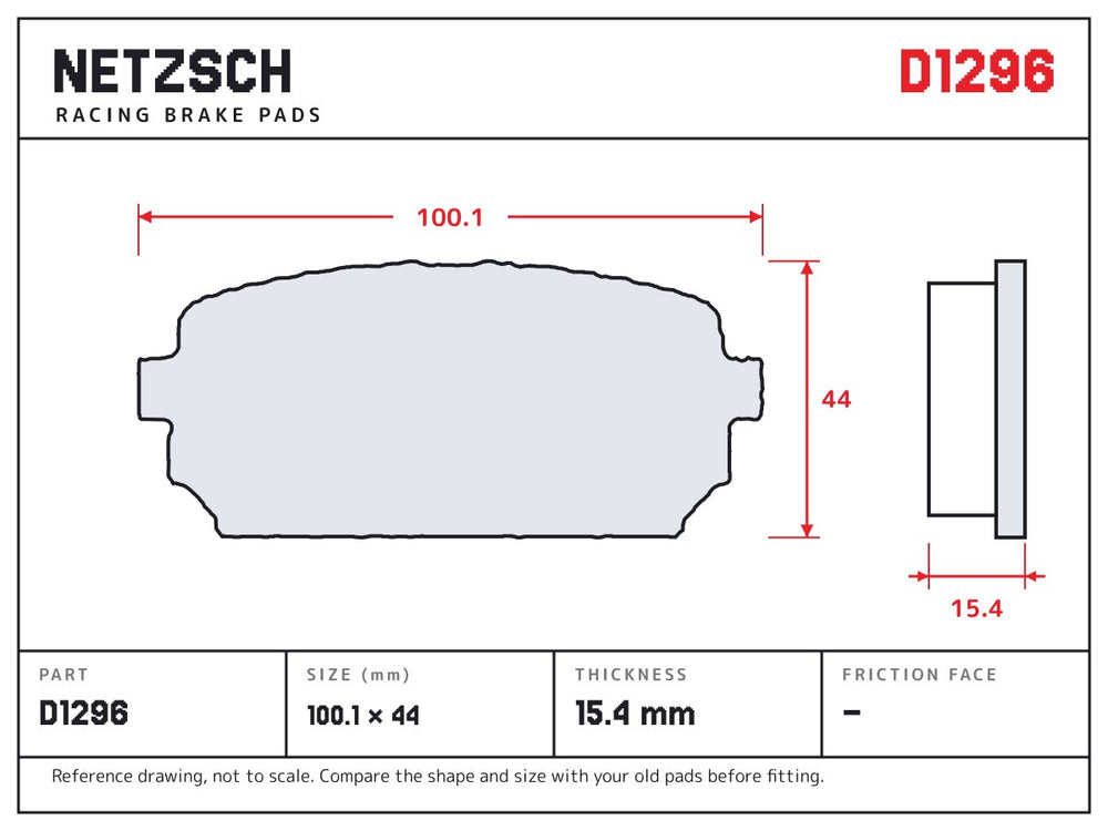 NETZSCH D1296 brake pad drawing, 15.4 mm thick