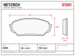 NETZSCH D1301 brake pad drawing, 16.4 mm thick