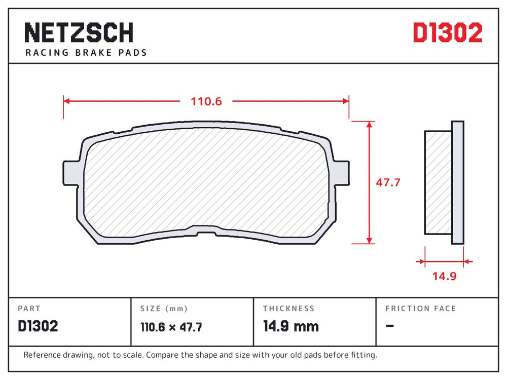 NETZSCH D1302 brake pad drawing, 14.9 mm thick