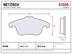 NETZSCH D1306 brake pad drawing, 19.2 mm thick