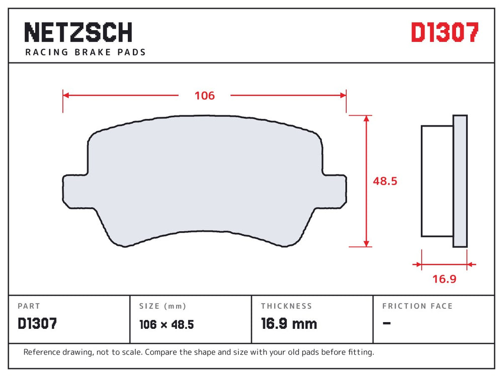 NETZSCH D1307 brake pad drawing, 16.9 mm thick