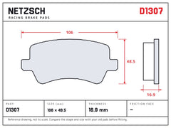 NETZSCH D1307 brake pad drawing, 16.9 mm thick