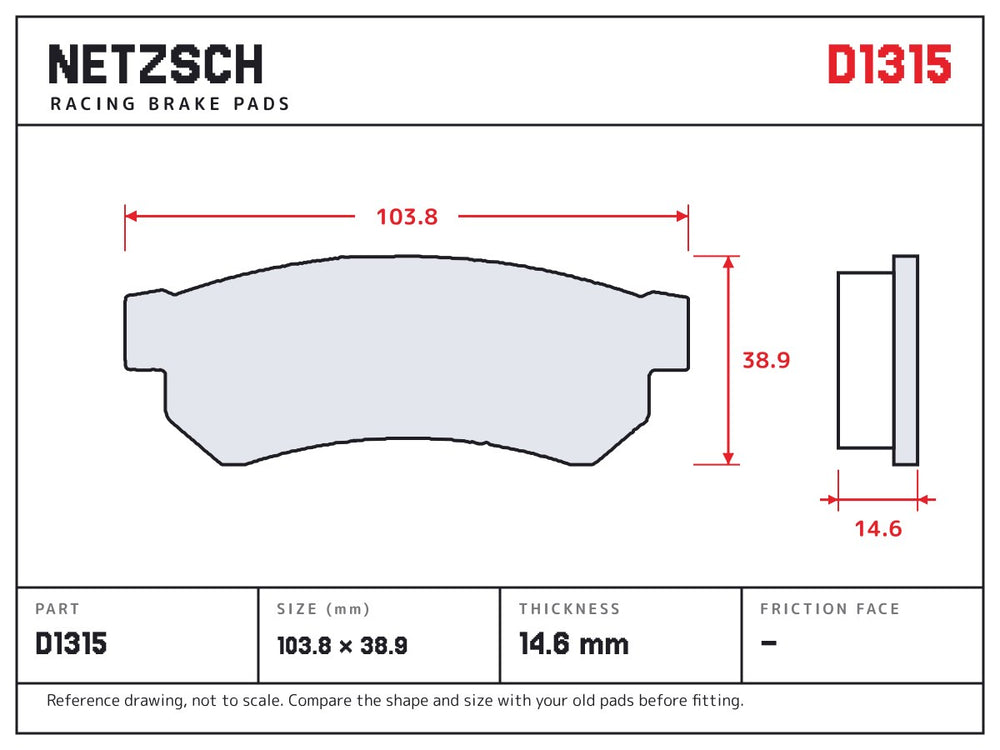 NETZSCH D1315 brake pad drawing, 14.6 mm thick