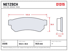 NETZSCH D1315 brake pad drawing, 14.6 mm thick