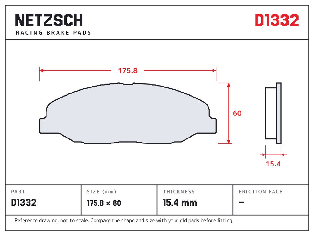 NETZSCH D1332 brake pad drawing, 15.4 mm thick