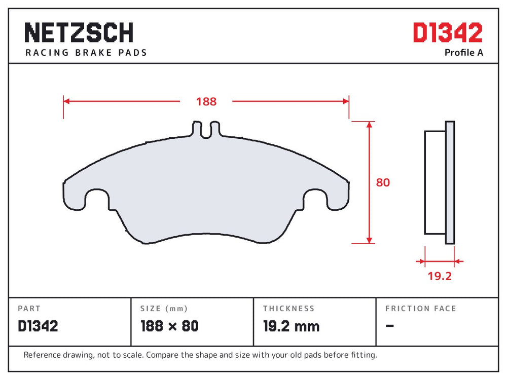 NETZSCH D1342 brake pad drawing, 19.2 mm thick