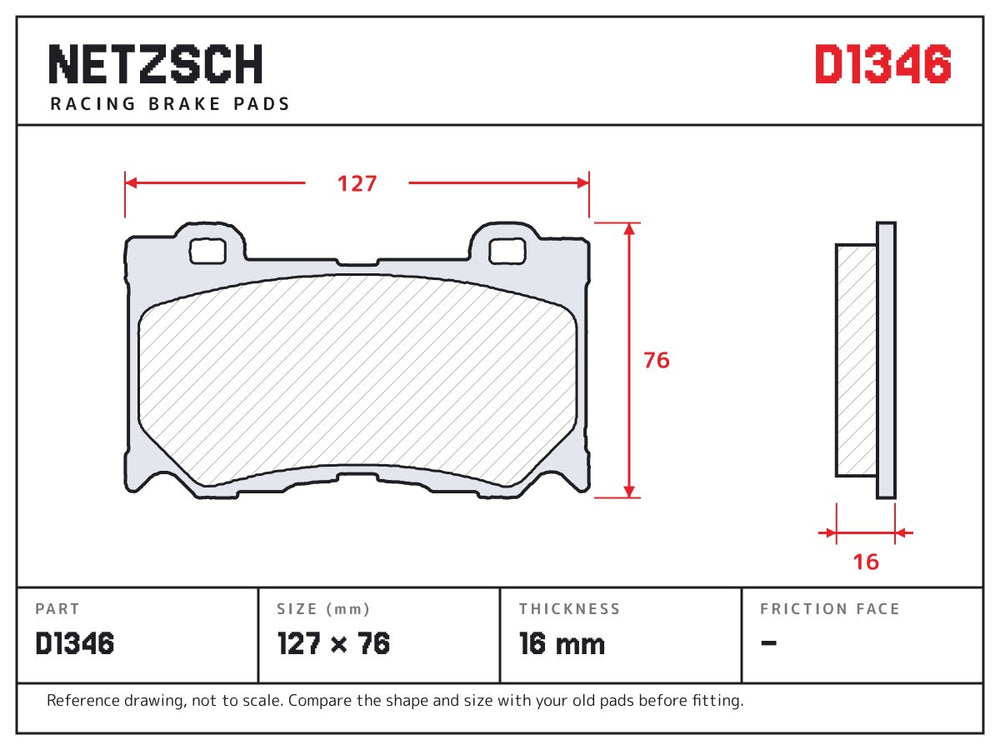 NETZSCH D1346 brake pad drawing, 16 mm thick
