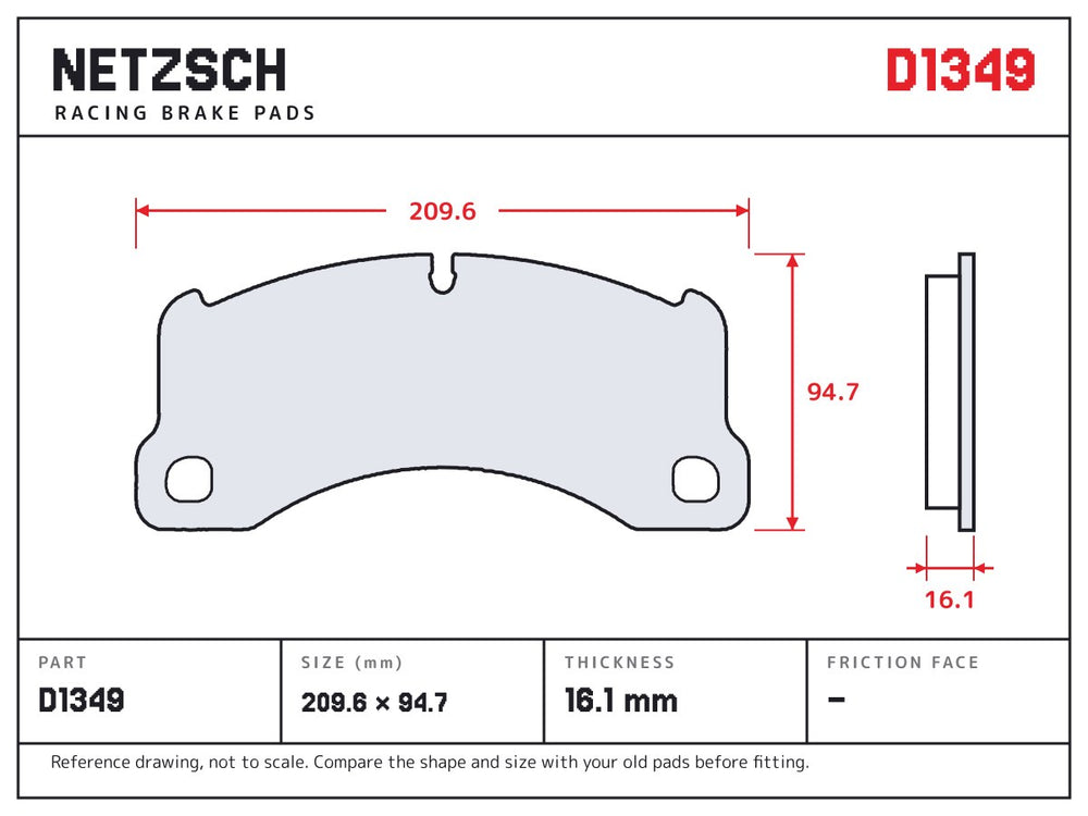 NETZSCH D1349 brake pad drawing, 16.1 mm thick
