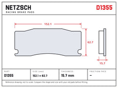 NETZSCH D1355 brake pad drawing, 15.7 mm thick