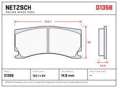 NETZSCH D1356 brake pad drawing, 14.9 mm thick