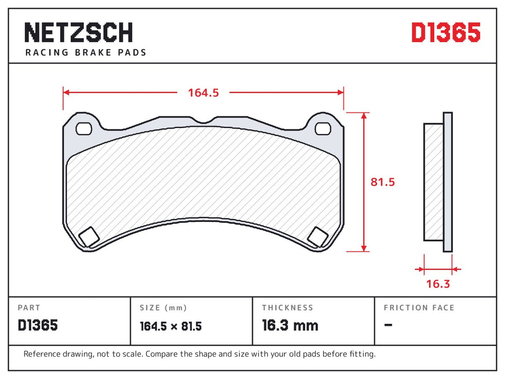 NETZSCH D1365 brake pad drawing, 16.3 mm thick