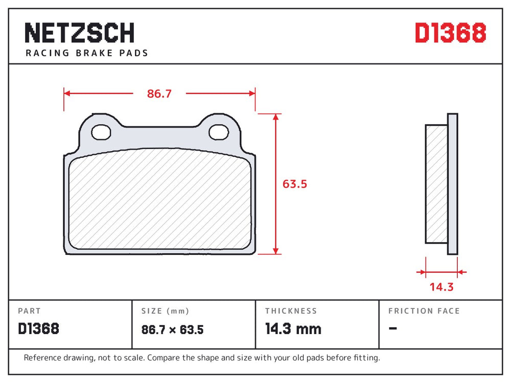 NETZSCH D1368 brake pad drawing, 14.3 mm thick
