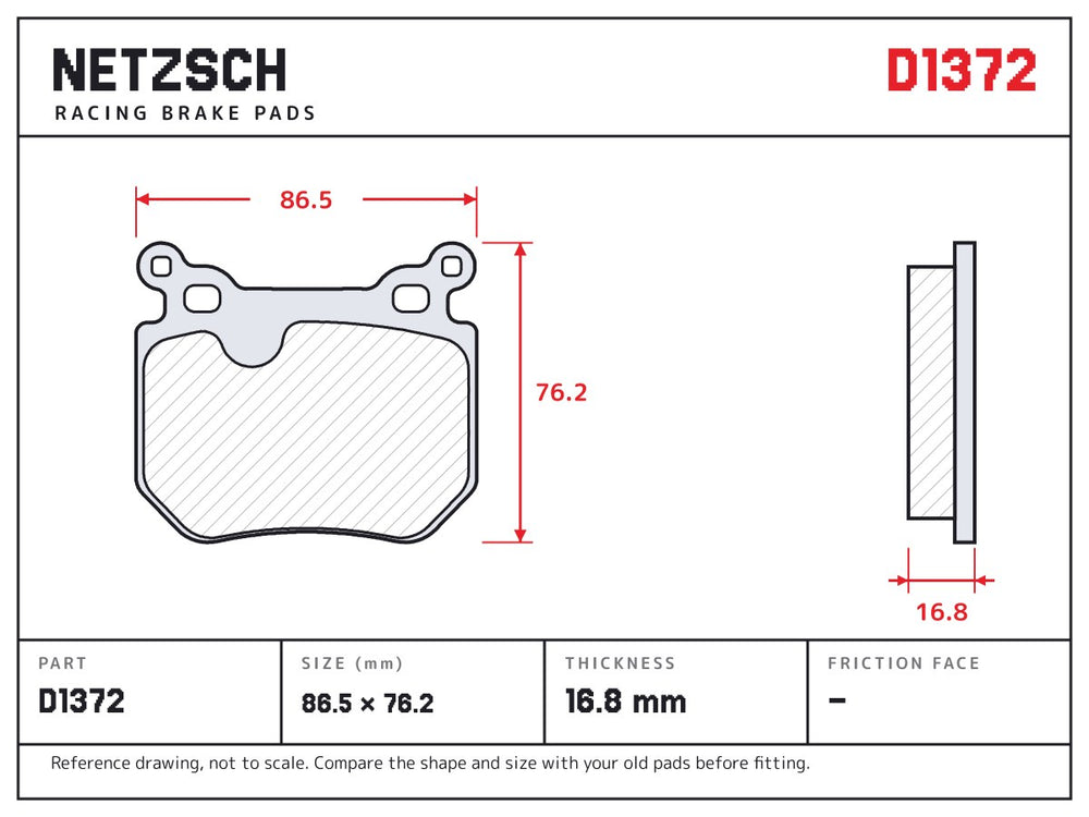 NETZSCH D1372 brake pad drawing, 16.8 mm thick