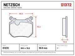 NETZSCH D1372 brake pad drawing, 16.8 mm thick