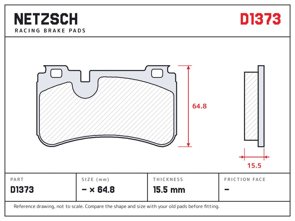 NETZSCH D1373 brake pad drawing, 15.5 mm thick