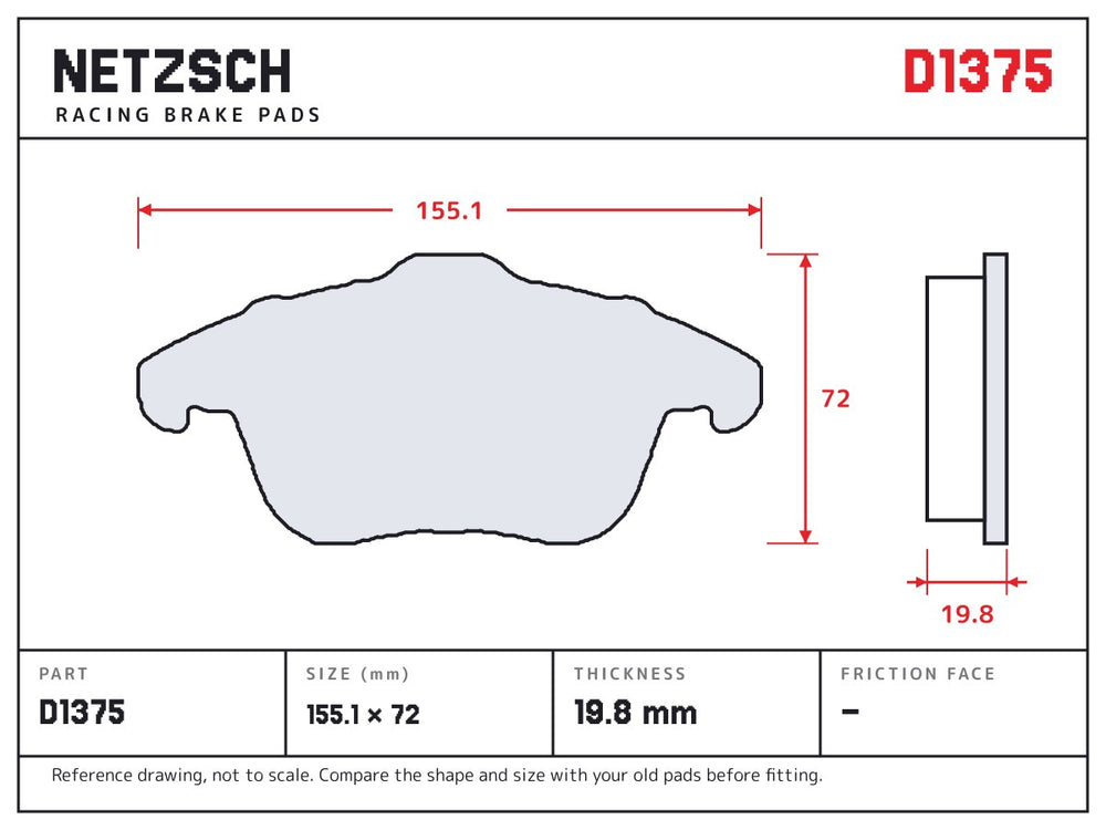 NETZSCH D1375 brake pad drawing, 19.8 mm thick