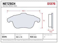 NETZSCH D1375 brake pad drawing, 19.8 mm thick