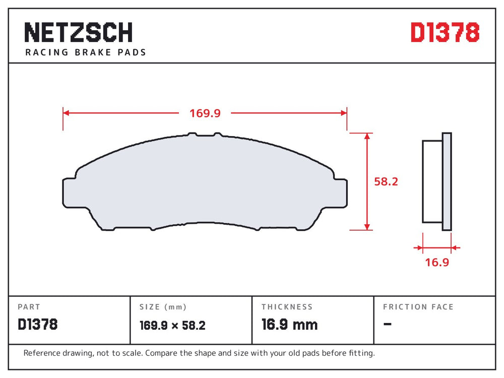 NETZSCH D1378 brake pad drawing, 16.9 mm thick