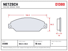 NETZSCH D1380 brake pad drawing, 18 mm thick