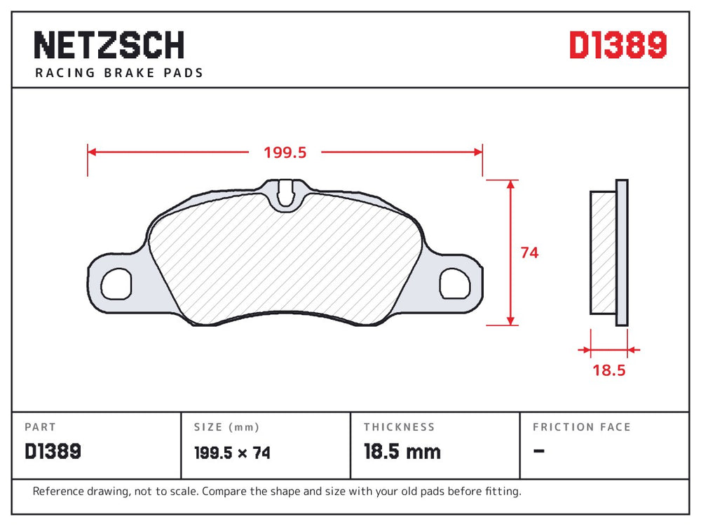 NETZSCH D1389 brake pad drawing, 18.5 mm thick