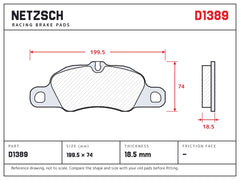 NETZSCH D1389 brake pad drawing, 18.5 mm thick